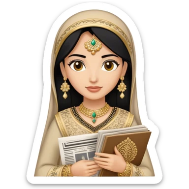 a khaleeji woman dressed in a traditional embroidered outfit,  black hair and a lot of gold accessories holding newspapers  sticker