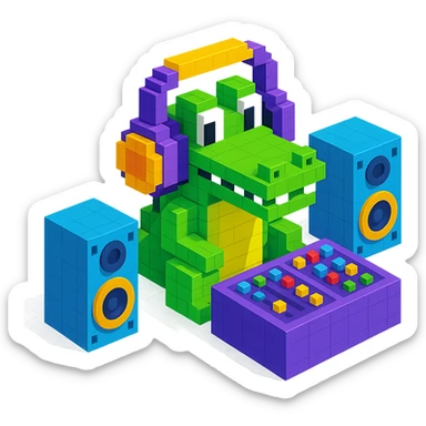 voxel style crocodile with large over-ear headphones in a music studio, isometric view, visible studio equipment like speakers and mixing desk sticker