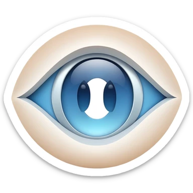 stylized white capital letter O in almond-shaped gradient oval eye with silver curved accents on each side, over circular blue background, symbol of vision and focus sticker