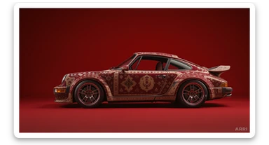 Medium shot of a porsche 911, body of car made of russian carpet with patterns, red solid studio background, low keu light, top soft light, dutch angle,  captured by ARRI 65 sticker
