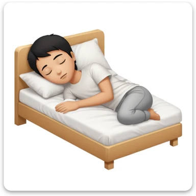 indonesian asian boy black hair wearing white tshirt, is sleeping on white bed sticker