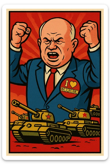 Soviet leader Khrushchev looking aggressive holding his fists in the air. He is wearing a blue suit with a large 'I love Communism' sticker on his chest.  In the background are soviet tanks. sticker