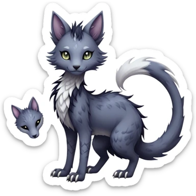 Kawaii dark edgy gloomy dusky dull-colored fantasy ethereal feline-vernid-sergal-fursona animal creature with a tufted tail full body with intricate markings  sticker
