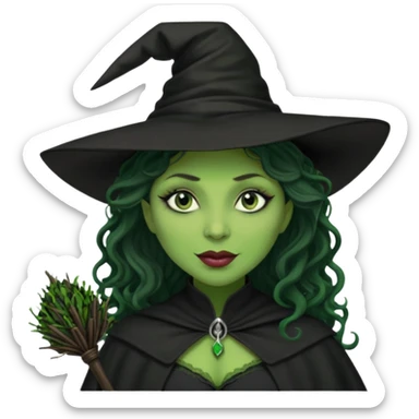 elphaba the wicked witch from wicked movie (cynthia erivo) dark long curly hair, thick lips, green skins, witch hat, witch broom, evil, wicked musical film  sticker