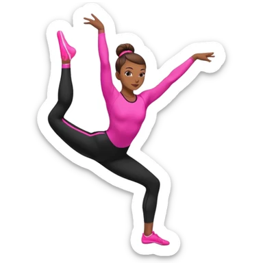 A female gymnast with brown hair in a neat bun, wearing black leggings and a T-shirt with neon pink elements, performing an acrobatic move. sticker