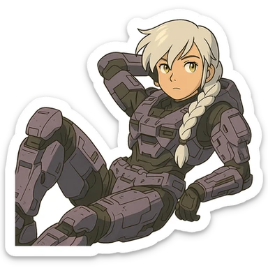female, wearing reach spartan armor shoulder-unequip, long white braid hair with massive messy front side single bangs, gold yellow eyes, attention pose, HALO:series, no helmet, the armor is lavender color scheme, laying back and relaxing sticker