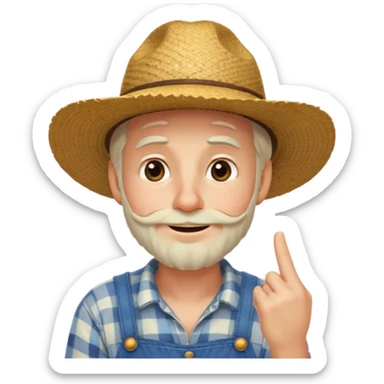“A single emoji-style character combining 👨‍🌾😄 and 🤔: a smiling farmer man with a straw hat, friendly face, and light beard, holding one hand under his chin in a thinking gesture. His index finger rests under his face, eyes looking slightly upward as if thinking.  sticker