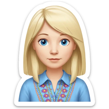 50 yr old white woman, hippie part bangs, very long straight blond hair, oval face, small smile, blue eyes, thin face, hair downback, hair parted at center of head, round cheeks, pale, longer hair, dress shirt sticker