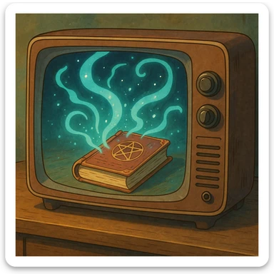retro television with a mystical spell book on the display, magical energy swirling out, ghibli-inspired art sticker