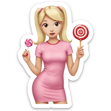 Beautiful woman with long blonde ponytails wearing light pink bodycon dress holding a lollipop sticker