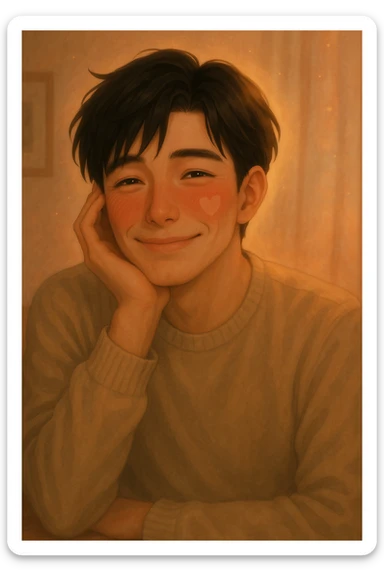 Make the handsome black-haired guy smile more, keeping his dreamy, flushed look and subtle romantic hints that his boyfriend is the cause of his low blood pressure. sticker