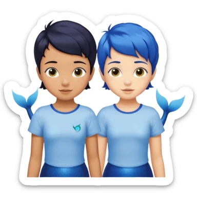 two tanned skin, black haired, sibling mermaids, one with short hair and the other with pixie cut. both wearing t shirts with blue tails sticker