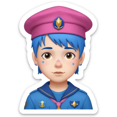 scout boy with very pink scout uniform, blue haired and hat, tattoed sticker