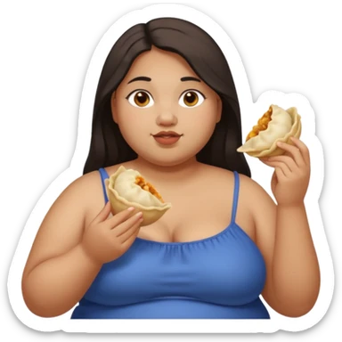 Can you create an emoji of a half Indian - half white 23 year old girl with dark brown mid length hair and brown eyes who is super obese and eating a dumpling. Full body and make her really fat sticker