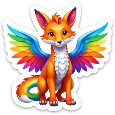 Cartoon Fox dragon hybrid with wings face front full body rainbow colored sticker