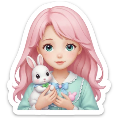 Gorgeous pastel anime style lady with blushing face and holding a bunny cottagecore fairycore pastelcore colorful pearly romantic simplistic aesthetic trending style sticker