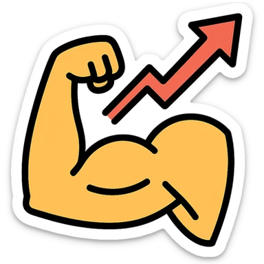colored icon of a strong flexed arm with an upward and to the right graph arrow, symbolizing increasing strength sticker