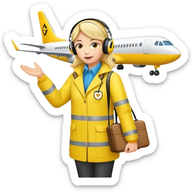 ramp agent at airport wearing bright yellow coat and headphones, directing aircraft sticker