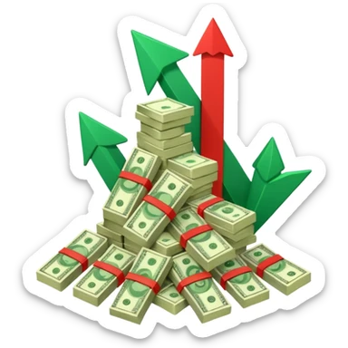 a pile of money infront of strategy paper with red arrow up sticker