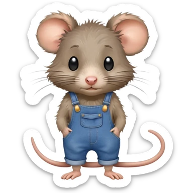 Disheveled rat wearing blue denim overalls, messy fur, looking tired and scruffy sticker