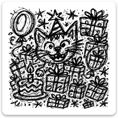 Add more gifts around the kitten, keeping the chaotic outlined style and all original elements intact sticker