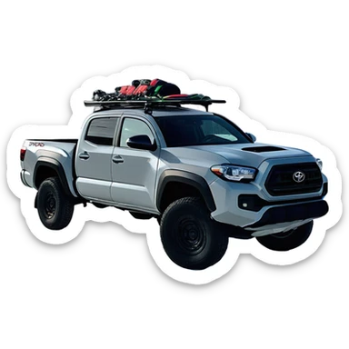Cement grey Toyota Tacoma 2020 TRD pro with hard shell topper and ski rack parked in snow in front of a ski resort with dark tinted windows  sticker