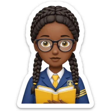 Girl student wearing uniform, glasses, hold yellow book in front of their chest, black braided hair, dark skin sticker