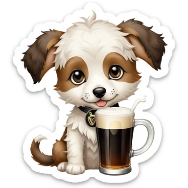 Black Puppy. Jackapoo. White face. Black pointy floppy ears. Black circles around eyes. Drinking a Guinness beer. The dog does not have brown hair sticker