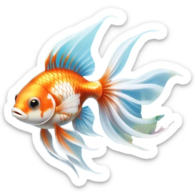 Large aquarium fish like veil tails and lionhead goldfish swimming gracefully in a beautifully decorated aquarium. Colorful aquatic plants, smooth rocks, and gentle bubbles surround the fish. The water shimmers in sunlight, creating a peaceful and vibrant underwater scene. Transparent background. sticker