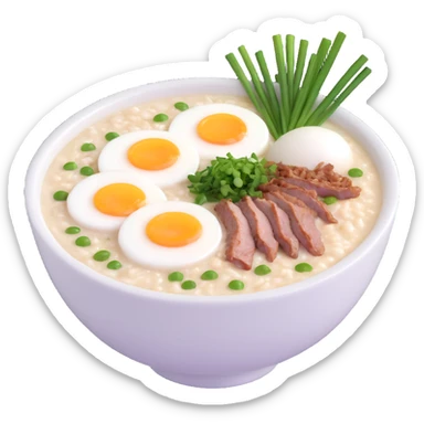 bowl of Asian rice porridge (congee) with steam, simple round bowl, topped with halved soft-boiled egg, minced pork, chopped green onions, cilantro, crispy fried garlic, smooth colorful clean minimal cute sticker