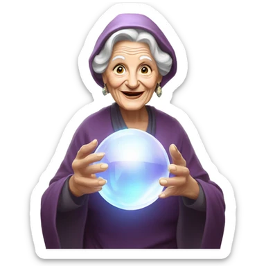 Wise Old Lady Fortune teller with crystal ball looking into the camera smiling sticker