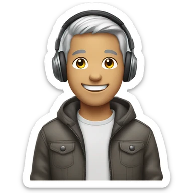 smiling boy by the car gray hair and headphones  sticker
