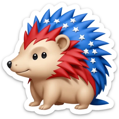 Red and blue Porcupine facing right. Bottom layer red: covers feet, round face, 2 spikes. blue upper layer 6 spikes, 3 white 5 pointed stars in the middle of the blue. sticker