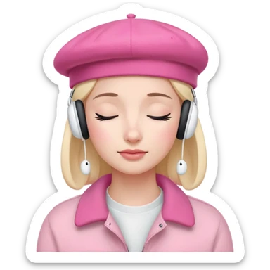girl wearing a pink beret and AirPods Max headphones, listening to music with closed eyes sticker