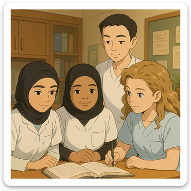 Quatre étudiants infirmiers en interaction, style Ghibli, en intérieur, tenues blanches à manches courtes, col en V, poche poitrine gauche, sans col ni stéthoscopes, pas de tissus sous les manches. Ambiance studieuse et bienveillante, détails inspirés des références. sticker