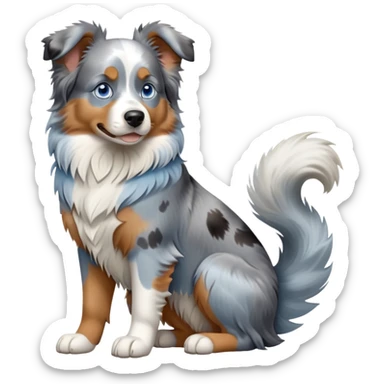 cinematic-[australian shepherd dog]-realistic-full-body-sitting-emoji,-tail-resting-loosely-beside-its-paws,-head-tilted-dramatically,-scruffy-[blue merle]-fur,-simplified-yet-realistic-focused-features,-highly-detailed,-glowing-with-an-almost-sarcastic-glow blue eyed sticker