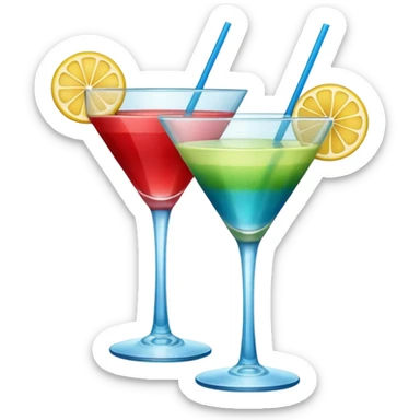 Create two emoji of clear red blended yellow cocktail, cheers with blue blended green cocktail, without any fruit, without skewers, without tube sticker
