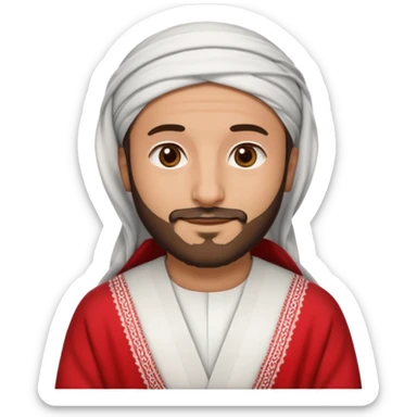 detailed iPhone-style emoji of a Saudi man with round cartoon face, short beard, brown eyes, gentle smile, wearing white thobe, red-and-white shemagh, black agal, both hands gently crossed over chest sticker
