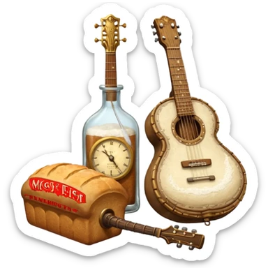 steampunk - a bottle of salt (salt shaker) and a loaf of peasant bread with a small SG Gibson electric guitar sticker