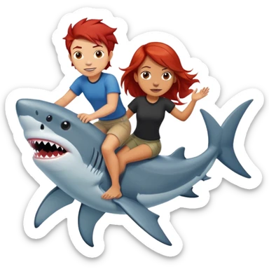 Red hair girl and dark hair boy riding a shark sticker
