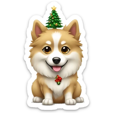 Tan Cute Pomsky dog with Christmas tree sticker