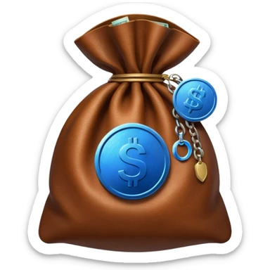 brown money bag with a blue coin  sticker