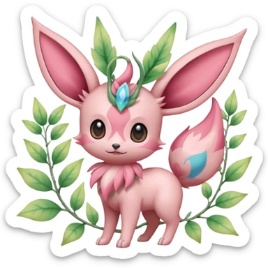 Rosy floral romantic cute pastel Eevee-Sylveon-Celebi-Leafeon-Pokémon-Digimon-Fakémon-hybrid-fusion-creature with vines entangled around sticker