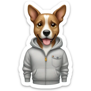 The dog is dressed in casual clothing, including a light gray sweater, light blue jeans, and white sneakers with brown soles. hands tucked into its pants’ pockets,. upward.confidence or a relaxed attitude, with one eyebrow slightly raised. sticker
