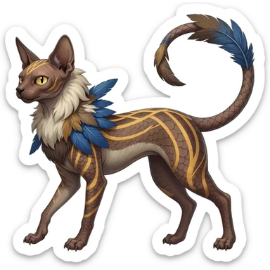 Furry, fluffy feathery scaly, Minccino-Sphynx-Lykoi-Linoone-Zangoose-fusion-hybrid-animal-Fakémon-creature, full body, thin long sleek scaly tail, intricate markings sticker