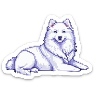 A pixel art Samoyed dog, lying down, facing right, white fur, black eyes, relaxed pose, simple background. sticker