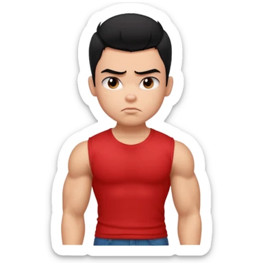 a pretty bratz boy with black hair and a red tshirt, big biceps looking sad sticker