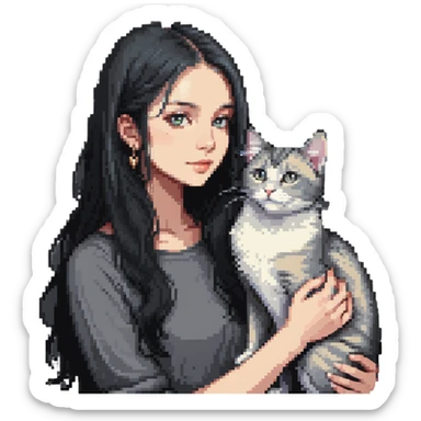 Beautiful girl with long black hair petting a gray and blonde mixed cat sticker