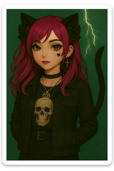 Make the character's head smaller in proportion to her body while keeping the bold makeup, heart tattoo, modern streetwear outfit, emo style, pink hair, dark magical accessory, sparkles, stormy background, and normal face. Render in a realistic anime style. sticker