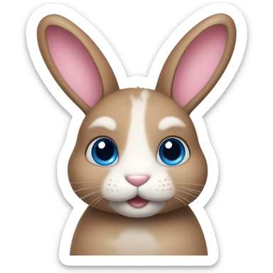 cute bunny with blue eyes, light brown face with white line in the center, pink nose sticker